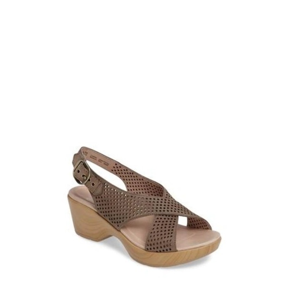 Dansko Tasha Taupe Perforated Leather Slingback Wedge Sandals Clogs‎ Womens 38